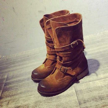 

Retro Vintage Motorcycle Boots Mid-Calf Buckled Women Shoes Western Designer Flat Knight Boots Round Toe Strap Motorcycle Boots