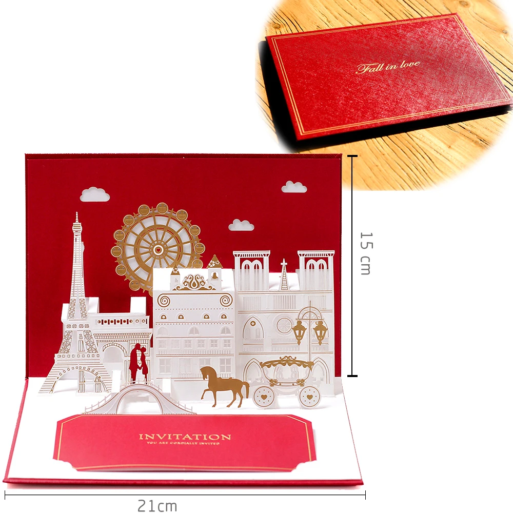 Свадебные приглашения 3D карты Лазерная резка свадьба поздравительная открытка всплывающие День рождения Рождество Подарочная открытка спасибо с конвертами - Цвет: Fall in love