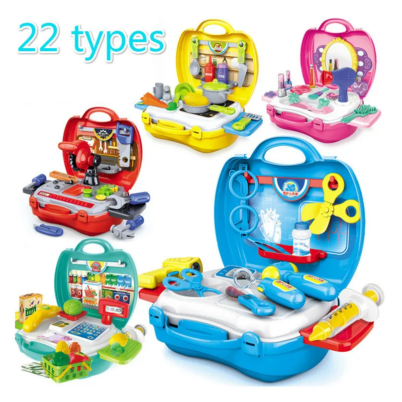 

22 Types pretend Play Children simulation kitchen cooking tableware dressing cash register suitcase doctor Kids Plastic toy set