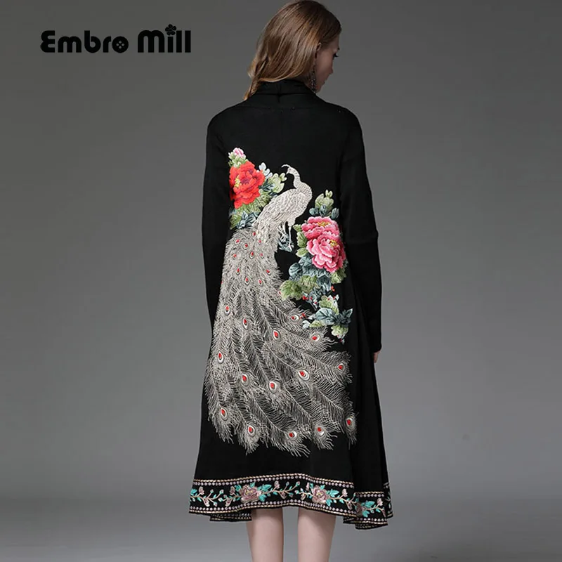 

High-end autumn winter wool trench coats for women vintage embroidery peacock floral open stitch loose outerwear female M-XXL