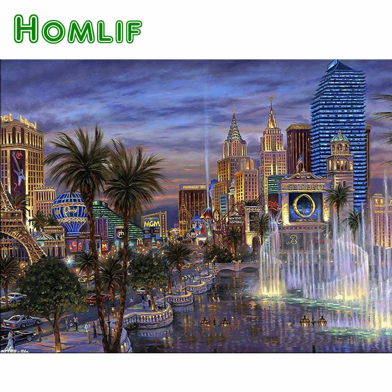 

HOMLIF Round Drill Diamond Embroidery Evening in Las Vegas Rhinestone Mosaic Kits DIY Diamond Painting Unfinished Room Decor Art