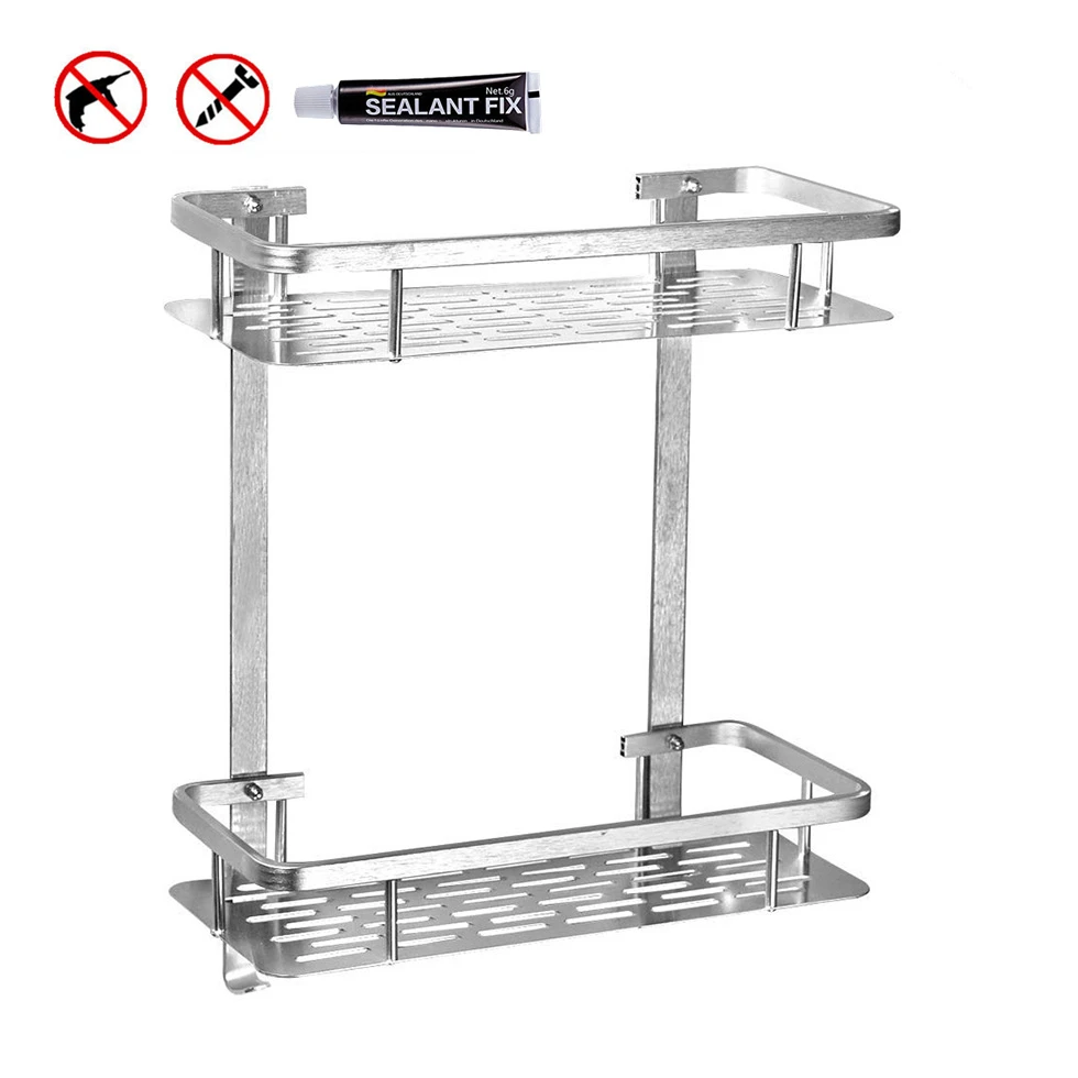 Bathroom Shelf No Drilling 2 Tiers Wall Mounted Shower Corner Organizer Hanging Rectangle Storage Caddy Kitchen Shampoo Toilet Bathroom Shelves Aliexpress