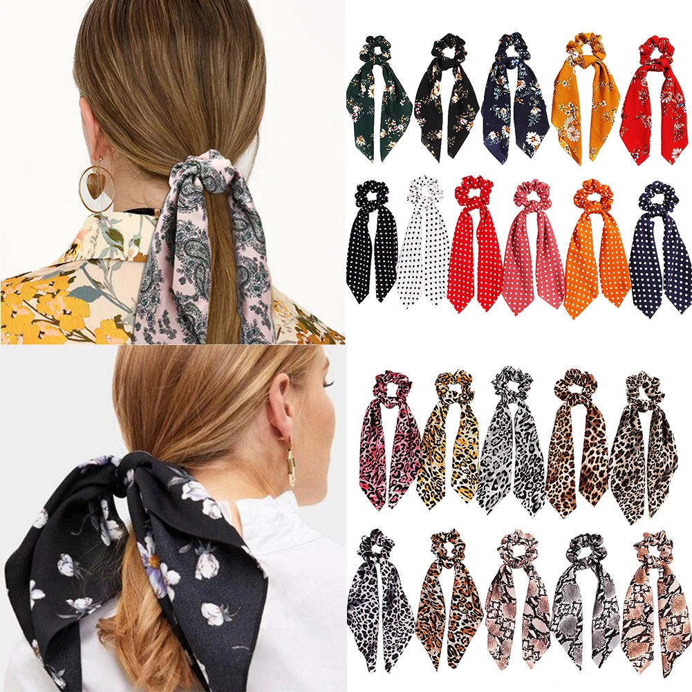 

2019 New Leopard Snake Floral Dot Streamers Scrunchies Women Hair Scarf Elastic Bow Hair Rope Ribbon Band Girls Hair Accessories