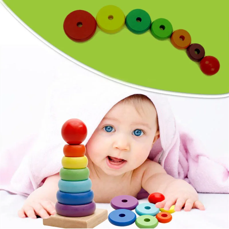 Kids Baby Puzzle Wooden Toys Rainbow Circle Rings Stack Tower Wood Toy