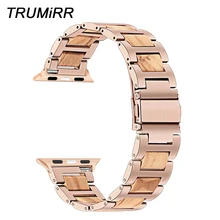 Из натурального дерева и Нержавеющая сталь ремешок для наручных часов iWatch, версия Apple Watch 5 4 3 2 1 44/42/40/38 мм ремешок на запястье браслет из розового золотистый и черный