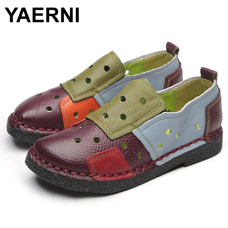 

YAERNISpring Autumn Handmade vintage women's shoes genuineleather female moccasins loafers soft muscle outsole casual flatsE1034