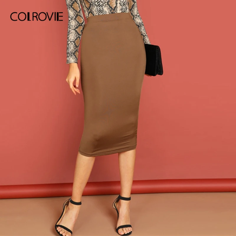 COLROVIE коричневая однотонная облегающая офисная одежда, зимняя длинная юбка, осенняя Корейская эластичная модная юбка, Женская юбка-карандаш, сексуальная юбка
