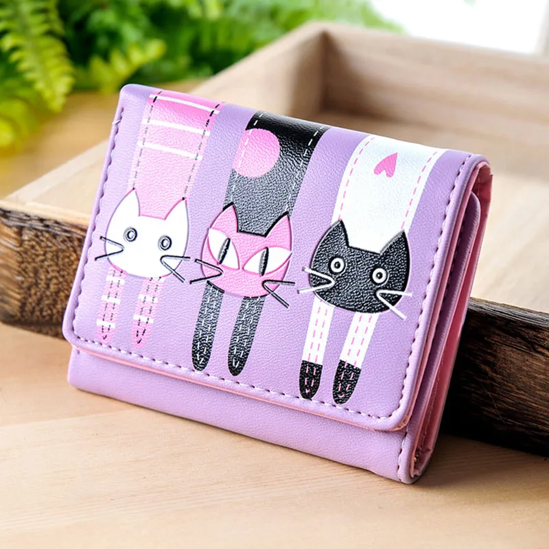 

Simple Fashion Leather Cartoon Cat Card Holder High Quality Women Coin Purse Ladies Casual Clutch Money Bag Short Wallet Popular