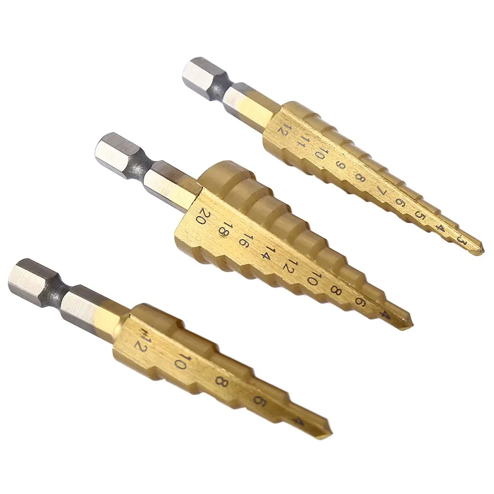 

3pcs HSS Steel Titanium Step Drill Bits 3-12mm 4-12mm 4-20mm Step Cone Cutting Tools Steel Woodworking Wood Metal Drilling Set