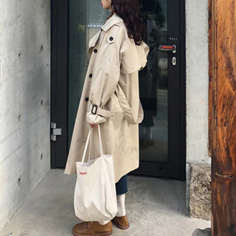 Kopen Abrigos Lente Herfst 2018 Koreaanse Mode Double Breasted Mid lange Trenchcoat Mujer Losse Riem grote size Windscherm Uitloper