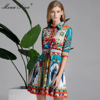 

MoaaYina Fashion Designer Runway Dress Summer Women Turn-down Collar Half sleeveVintage Floral-Print Slim Lace-up Elegant Dress