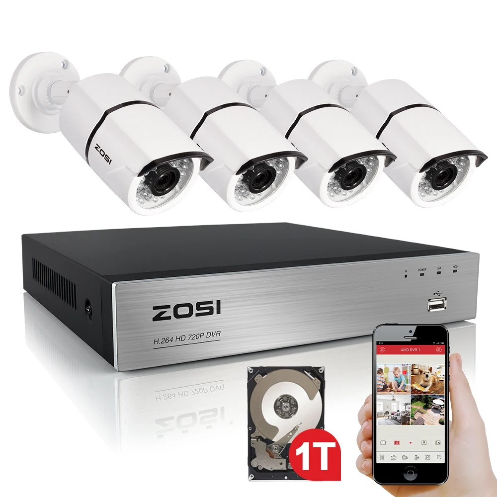 ZOSI High Quality 1080P HD Outdoor Security Camera System 1080P HDMI CCTV Video Surveillance 4CH DVR Kit 1TB HDD TVI Camera Set