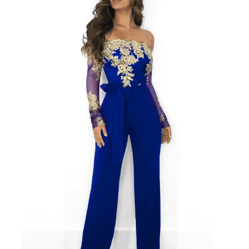 New Fashion High Waist Sexy Clubwear Jumpsuits Flower Embroidery Off Shoulder Wide Leg Jumpsuit For Women