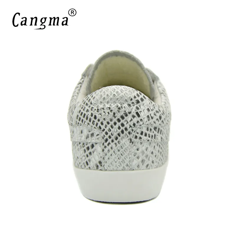 CANGMA/Итальянский бренд; женская обувь серебристого цвета со змеиным узором; кроссовки из натуральной кожи; Женская дышащая повседневная обувь на шнуровке; обувь на плоской подошве