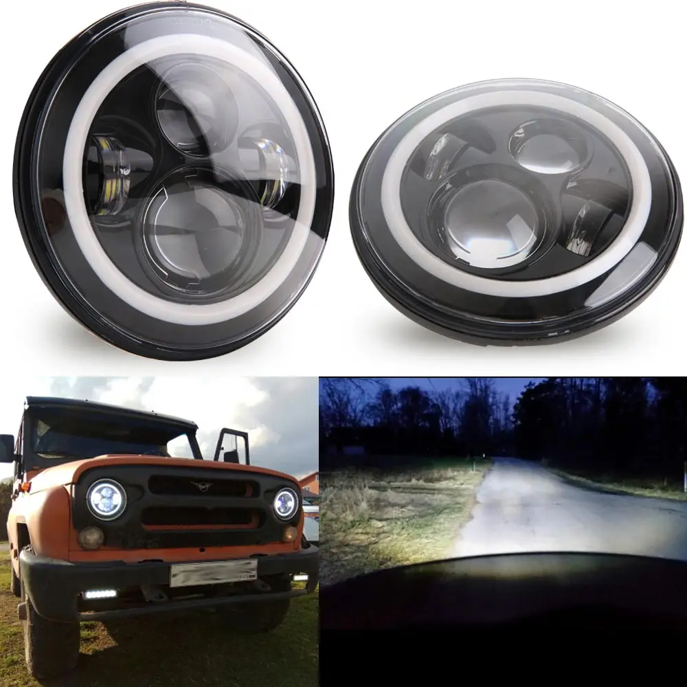 

7" LED H4 Halo Headlights For Land Rover 7Inch LED Headlamps with White DRL Amber Turn Signal For lada niva 4x4