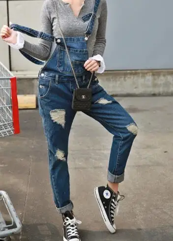 Комбинезон Boyfriend Ripped denim комбинезон для женщин потертые джинсовые комбинезоны повседневные Карманы ремень нищие длинные брюки - Цвет: deep blue