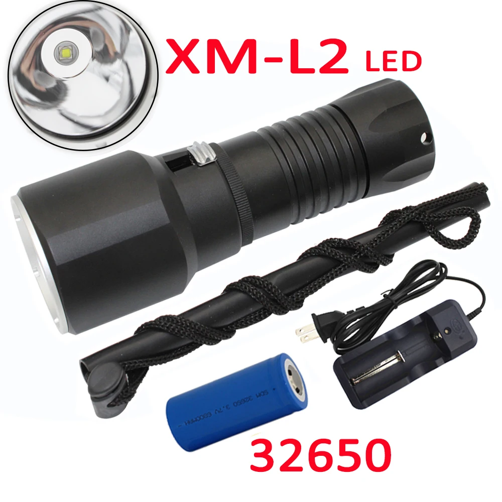 

Utral Bright 1500LM XM-L2 LED Diving Flashlight Waterproof Flashlight Underwater Torch Lamp + 32650 Battery + AC Charger