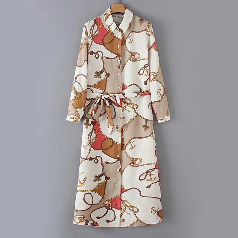 Women's Clothing Dress 2019 Polyester Fabric Lapel Belt Print Print Long Sleeve Dress Ms Summer Slim Fit Temperament Clothing