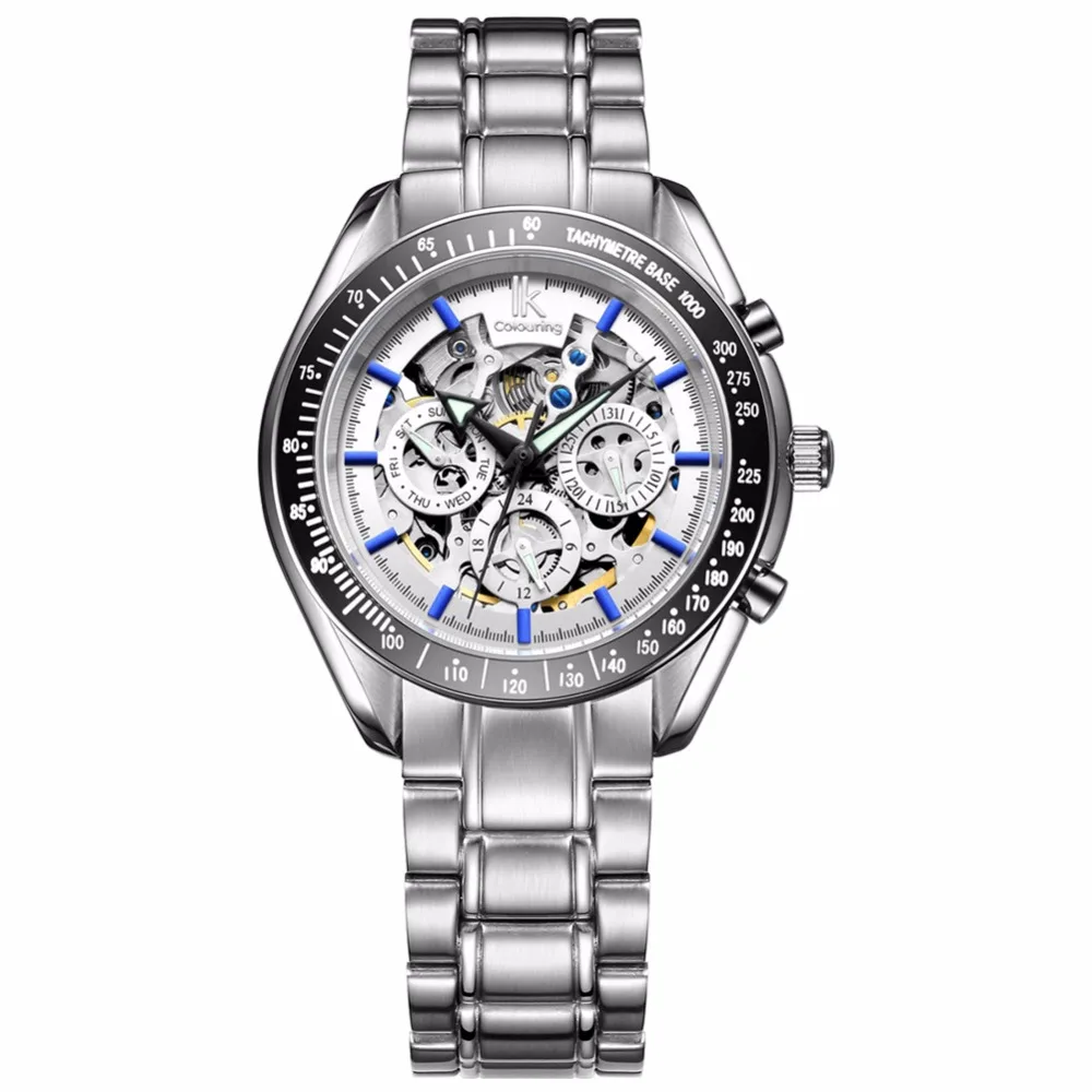 Роскошные автоматические механические часы от бренда IK для мужчин, 24 часа, часы со скелетом и датой, спортивные повседневные наручные часы, часы