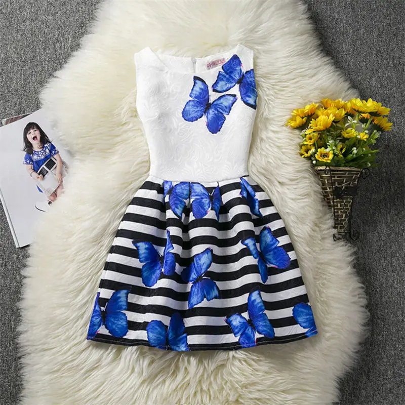 Летние Детские Платья с цветочным принтом и бабочками повседневное праздничное платье трапециевидной формы без рукавов платье принцессы для девочек 5, 7, 9, 11 лет, vestidos