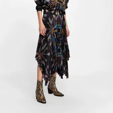 Осенняя винтажная Асимметричная синяя юбка с поясом-цепочкой и кисточками, Женская юбка средней длины с высокой эластичной талией, плиссированная Асимметричная юбка