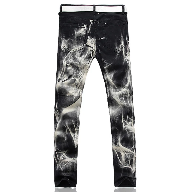 2019 New fashion Men's wolf printed jeans men slim straight Black stretch jeans high quality designer pants nightclubs singers 2019 New fashion Men's wolf printed jeans men slim straight Black stretch jeans high quality designer pants nightclubs singers