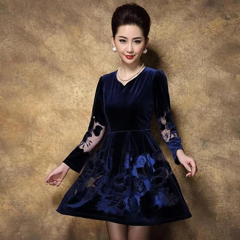 

Dress female spring and autumn mother gold velvet women's authentic middle aged hollow mesh sleeveVelvet Dres large size S XXXL