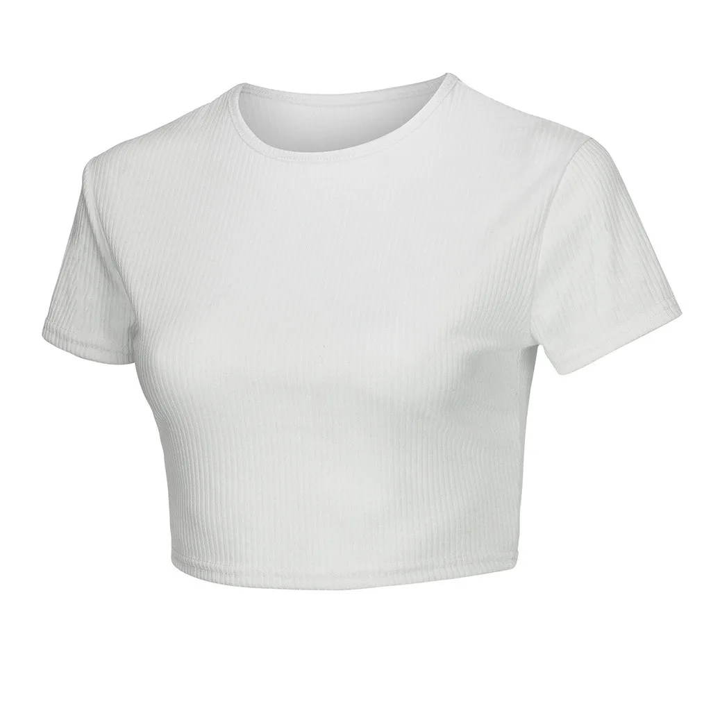 Feitong/короткая футболка с коротким рукавом; Женская Повседневная Однотонная футболка с круглым вырезом; летние белые футболки - Цвет: Белый