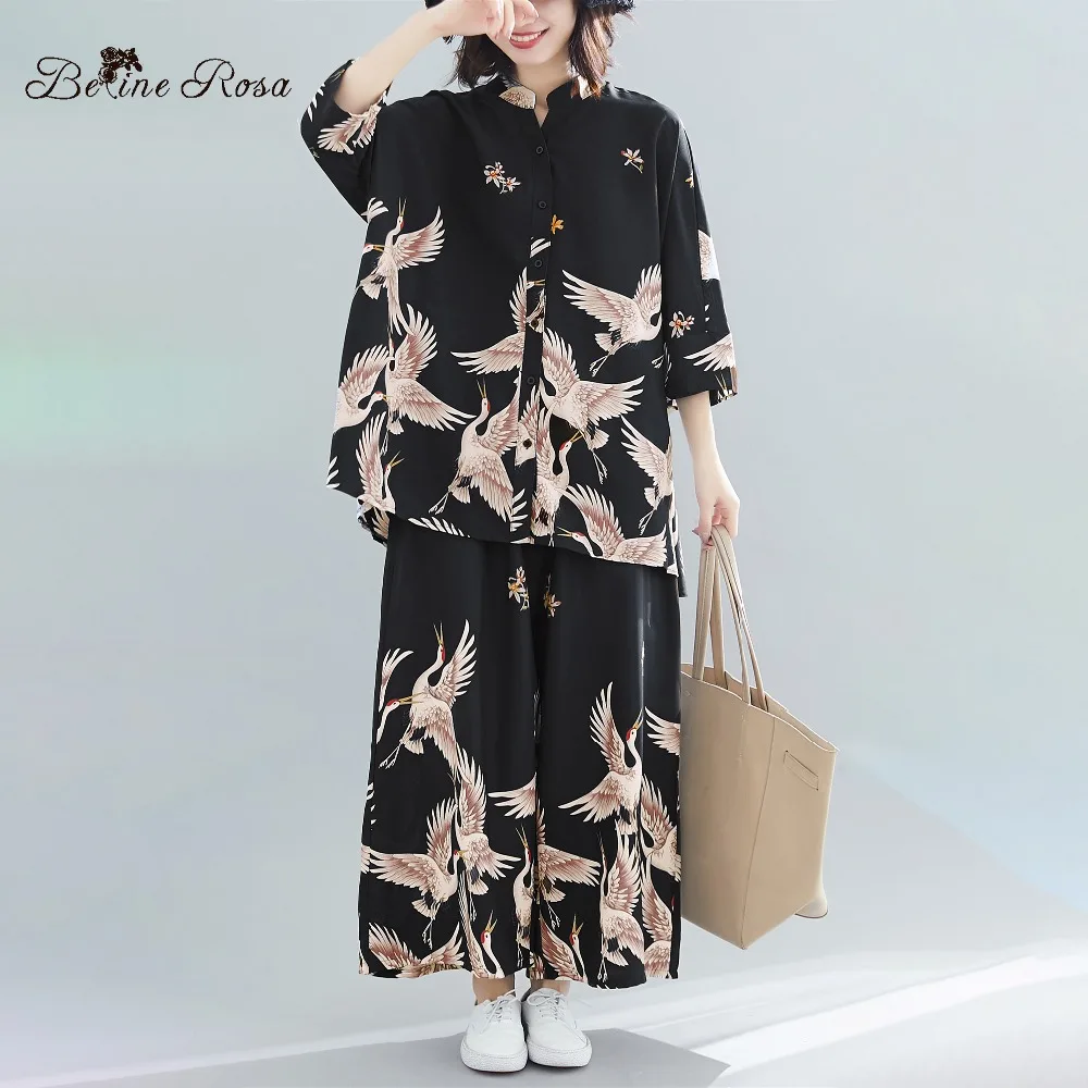 

BelineRosa 2019 European Fashion Style Chiffon Plus Size Women Clothing Large Size Women Suits Tops + Wide Legs XXFS0003
