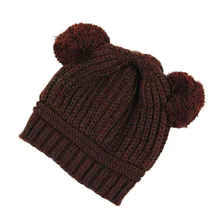 HHFF Korean Baby Love Dual Ball Wool knit sweater Cap Winter Hat- Coffee