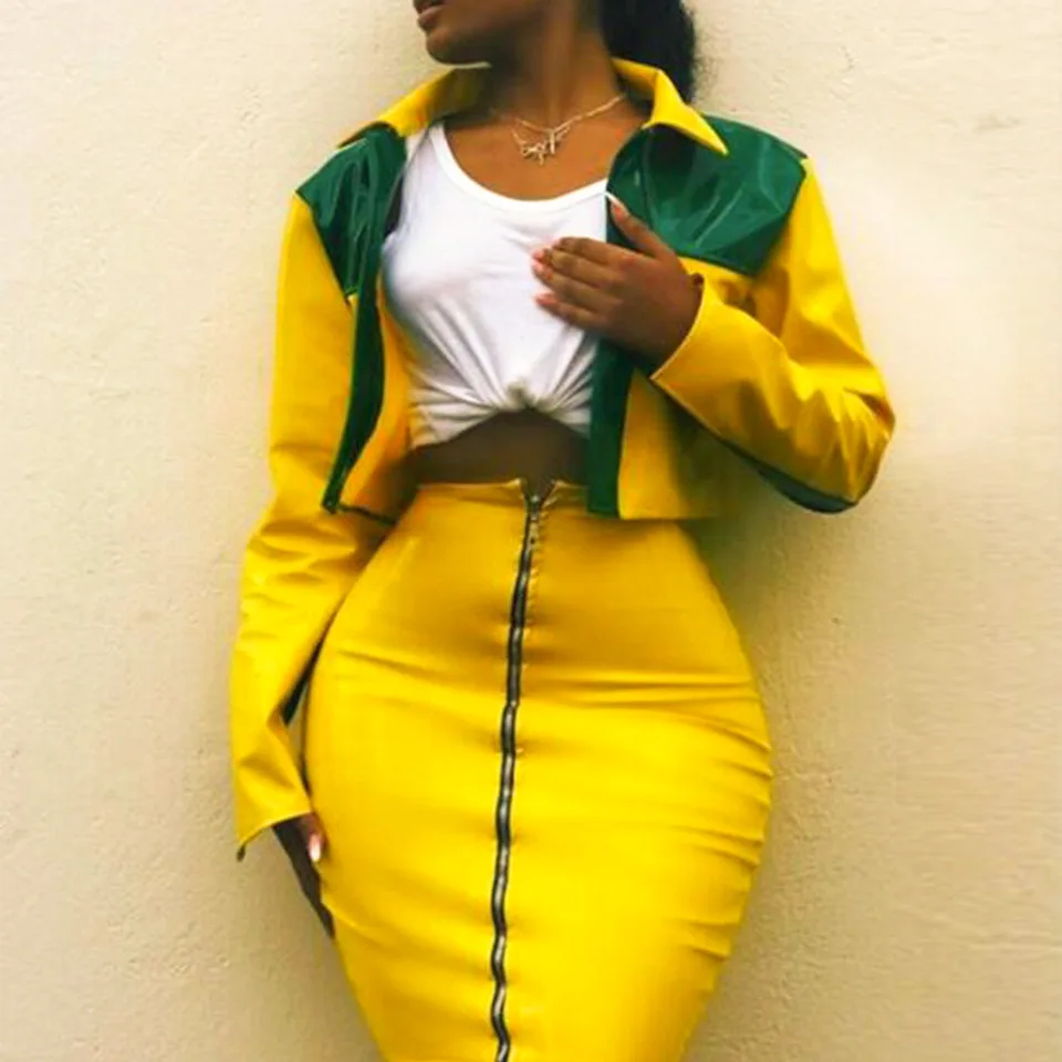 

Women PU Leather Two Piece Set Clothing for Autumn Long Sleeve Yellow Short Jacket and Bodycon Skirt Set Women Outfit