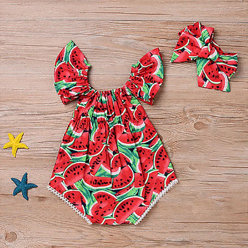 

2019 NEW Baby Girl Clothing Lucky Child Cotton Ruffled Watermelon Rompers Headband Set Newborn Photography Props Christmas Gift