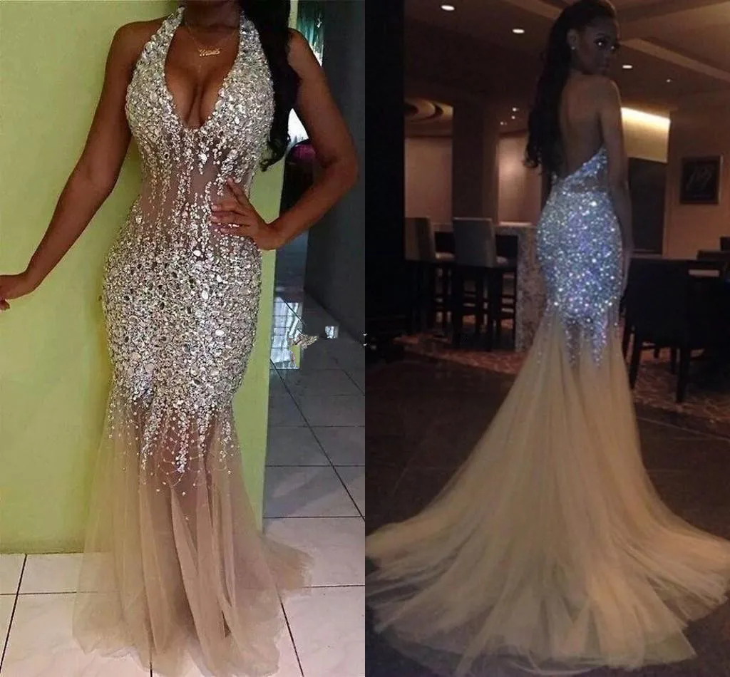 

2020 Sexy Bling Mermaid Prom Dresses Deep V Neck Halter Crystal Beaded Tulle See Through Backless Nude Evening Gowns Pageant