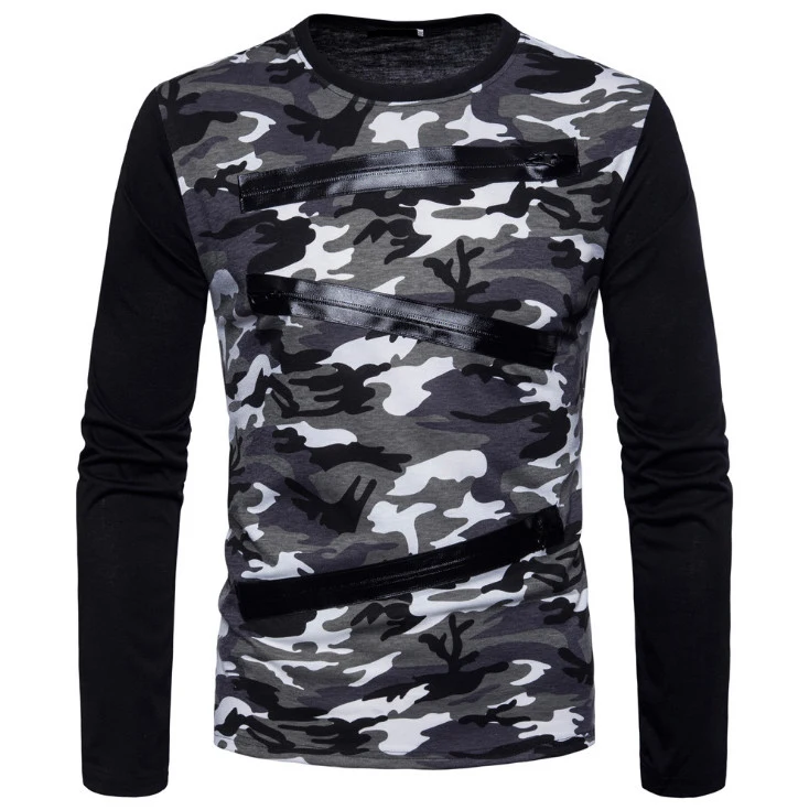 

Spring Military Camouflage T-shirt Men New Design Patchwork Decoration Long Sleeve Tshirt Male Army Green Grey