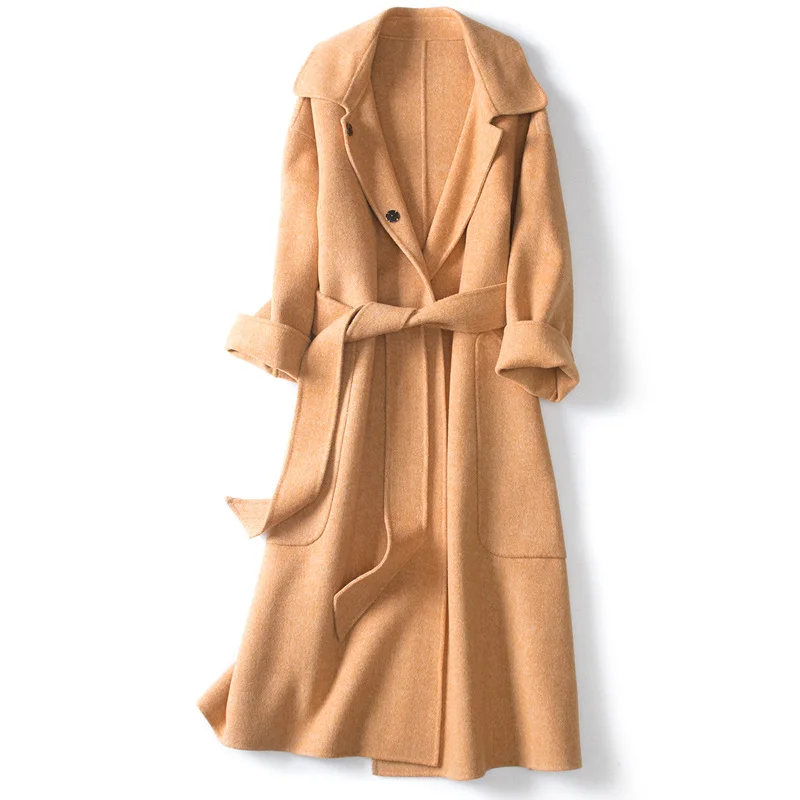 Veste Femmes De orange face Couleur Double Ceinture Longues Longue Acrmrac Solide Manches Manteaux À Mince Manteau Bleu Laine X7Zxd