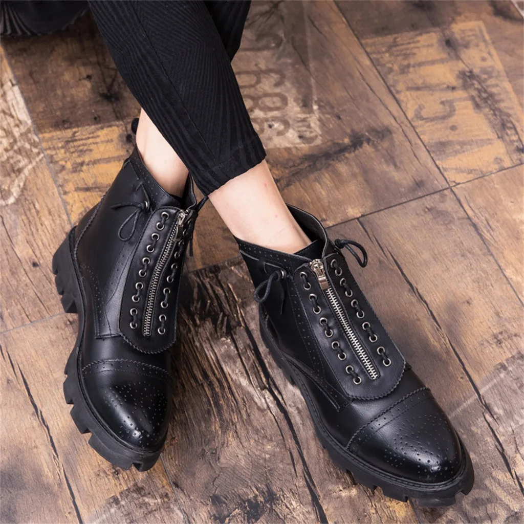 

Lace Up High Heels Shoes Men's Autumn Retro Leather Boots Casual Leather Shoes Round Head Zipper Boots 30 Free shipping