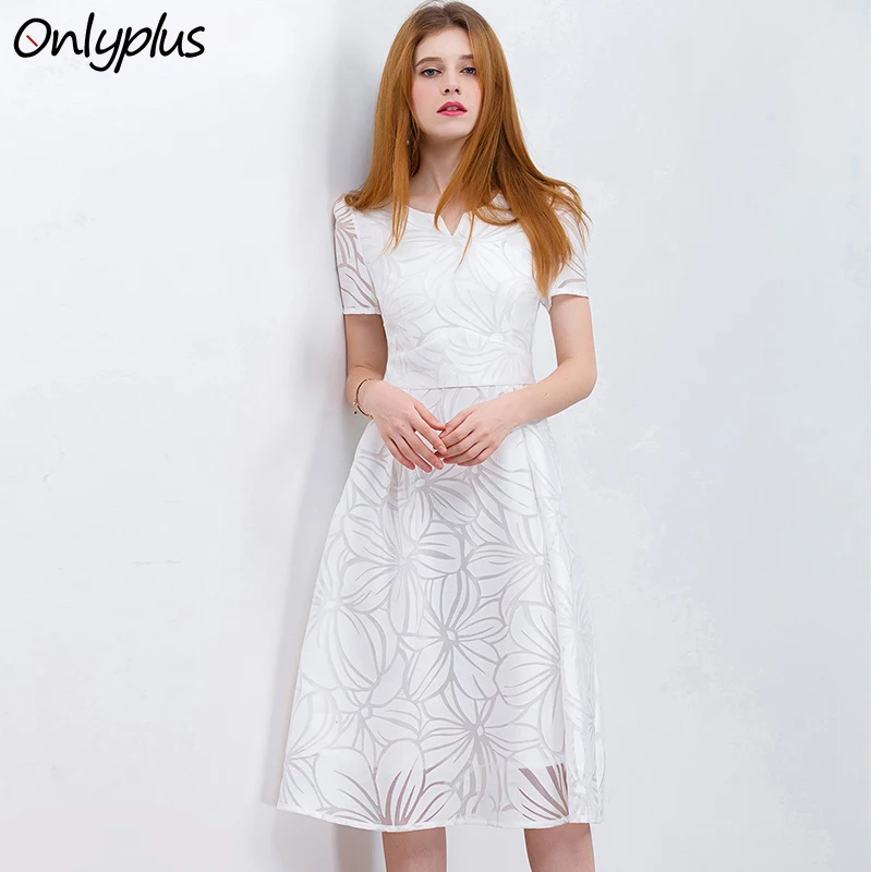 ONLY PLUS S XXL Women White font b Dress b font Short Sleeve A Line Midi