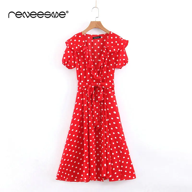 

new sweet women dress dot short sleeve v neck ruffle summer bow tie sashes mid-calf ladies dresses a line prairie chic vestidos