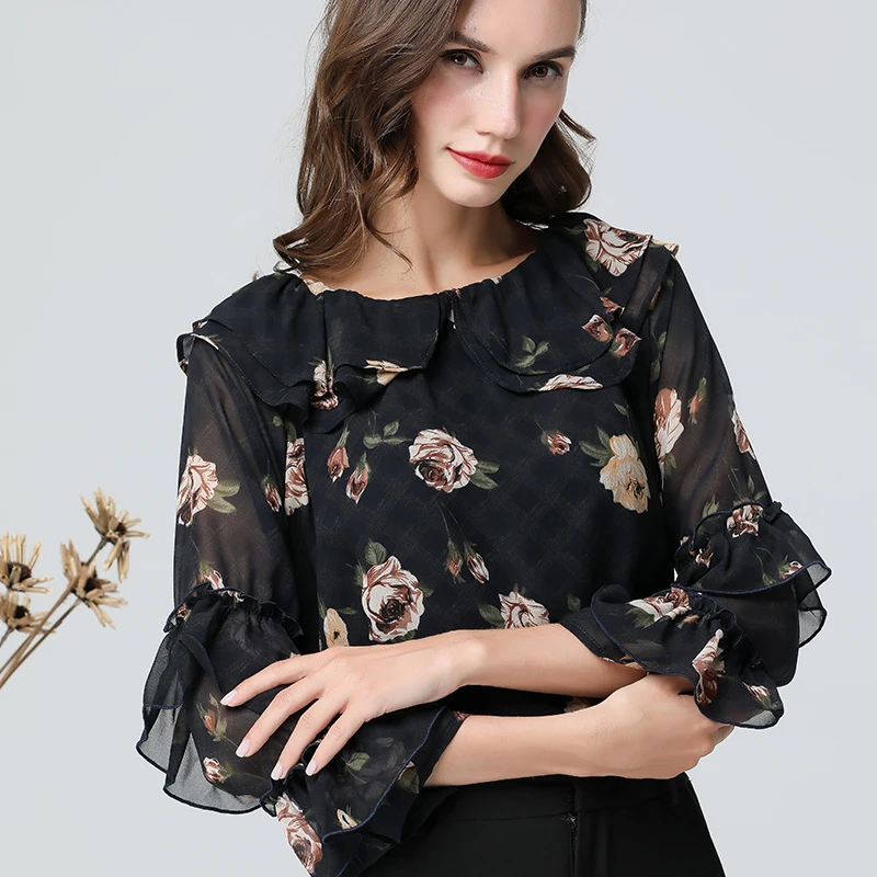 

Vintage Floral Printed Women' Blouse 7/10 Sleeve Elegant Ruffle Tops O-Neck Black Chiffon Camisas New 2019 Streetwear Female Top