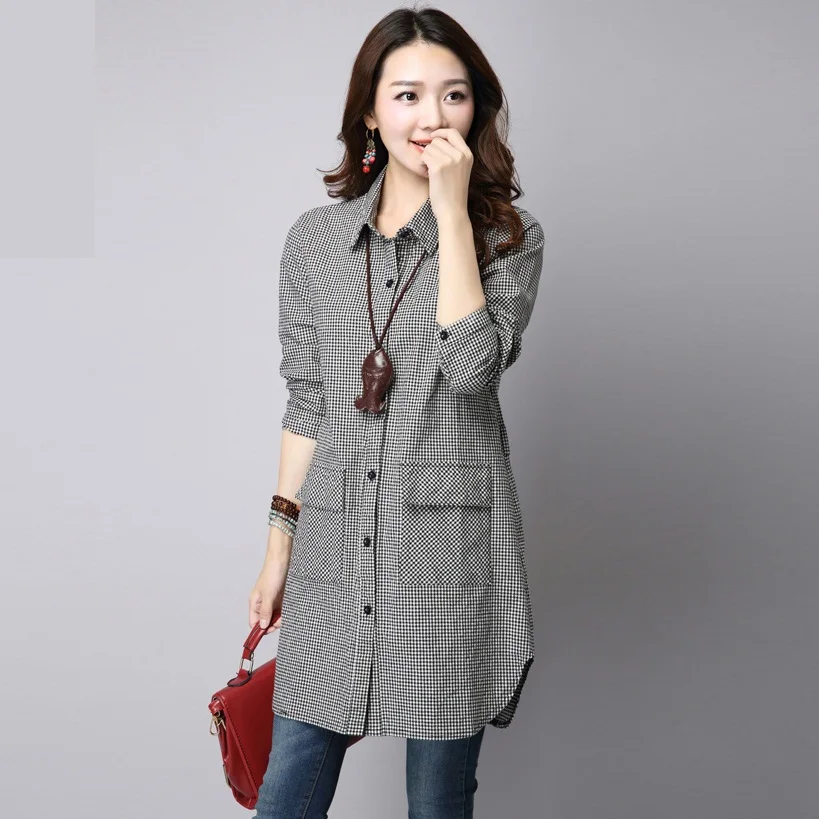 

4xl plus big size blusas feminina 2016 new korean spring autumn women long plaid shirt female A1774