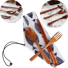 Комплект из 3 предметов, японский винтажный портативный провод, упакованный в деревянные палочки для еды, ложки и вилки, посуда, Подарочный мешок, дорожные принадлежности HX0618