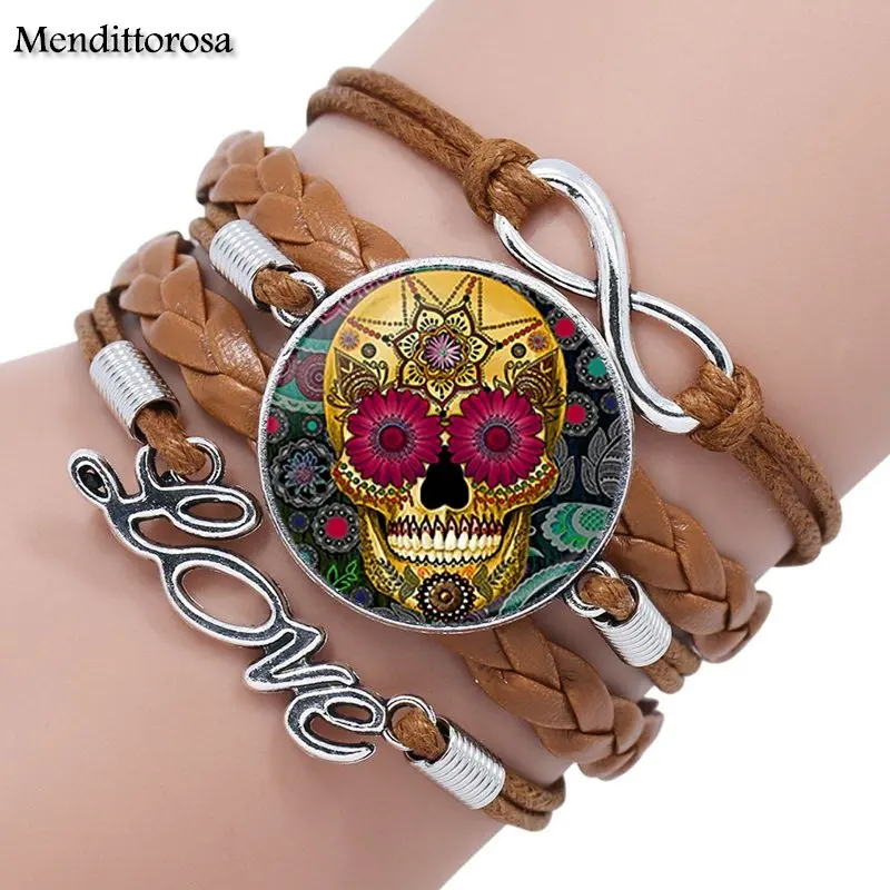 Mendittorosa мексиканский милый череп цвет ювелирные изделия со стеклом кабошон Многослойный черный/коричневый кожаный браслет для женщин