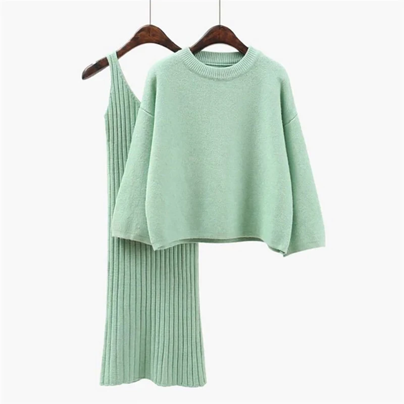 

2019 Pine Sweater Suit Female Fashion Two-piece Skirt Winter Solid Color Pullover Sweater Conjunto Femenino O-neck Women Clothes
