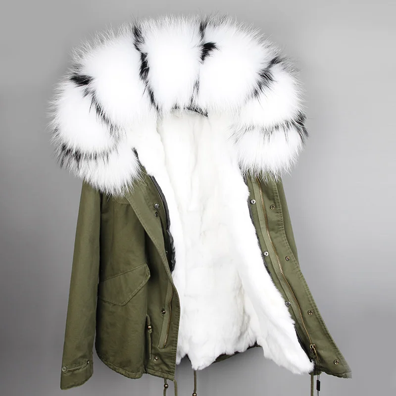MMK, модное женское пальто армейского зеленого цвета с большим воротником из меха енота, пальто с капюшоном, парка, верхняя одежда со съемной подкладкой из меха кролика, зимняя куртка - Цвет: 9