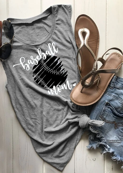 

New Tank Tops Women Baseball Mom Print O-Neck Tank 2018 Casual Female Gray Tank Tops Tee Summer Sleeveless Ladies Tops Tee