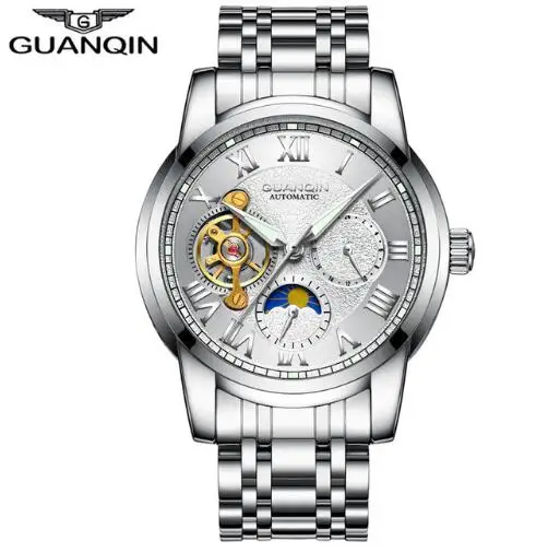 GUANQIN, брендовые автоматические часы, мужские роскошные турбийон, деловые часы, мужские спортивные водонепроницаемые механические наручные часы, Relogio Masculino - Цвет: silver White steel