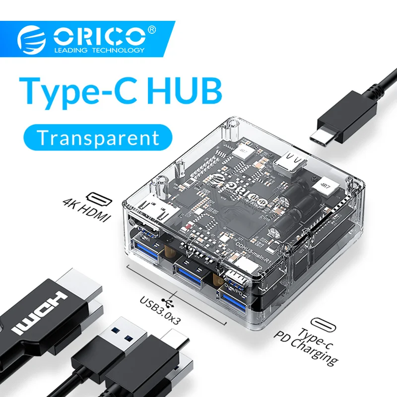 ORICO прозрачный USB C концентратор типа для нескольких USB3.0 4K HDMI 60W PD Быстрая Зарядка