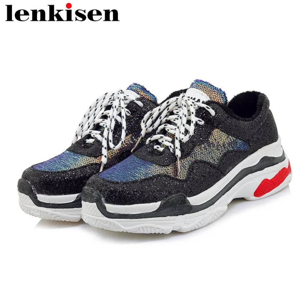 

2018 retro mixed colors round toe med bottom lace up sequin studded concise plus size pu sneakers driving vulcanized shoes L9f5
