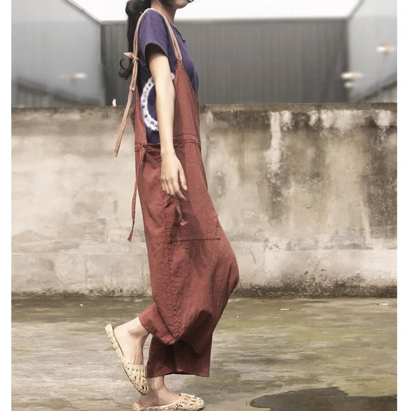 

SCUWLINEN 2019 Women Pants Vintage Solid Strappy Drawstring Baggy Linen Overalls Casual Rompers Trousers for Women J102501