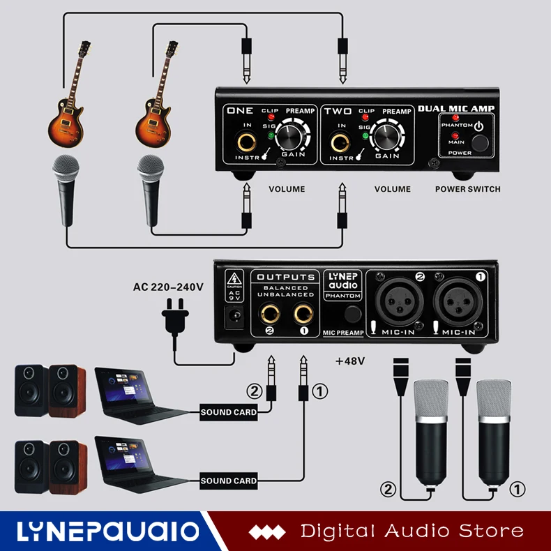 Мини 2-канальный предусилитель микрофона двойной предусилитель микрофона Электрогитары бас усилитель для домашнего использования Auido